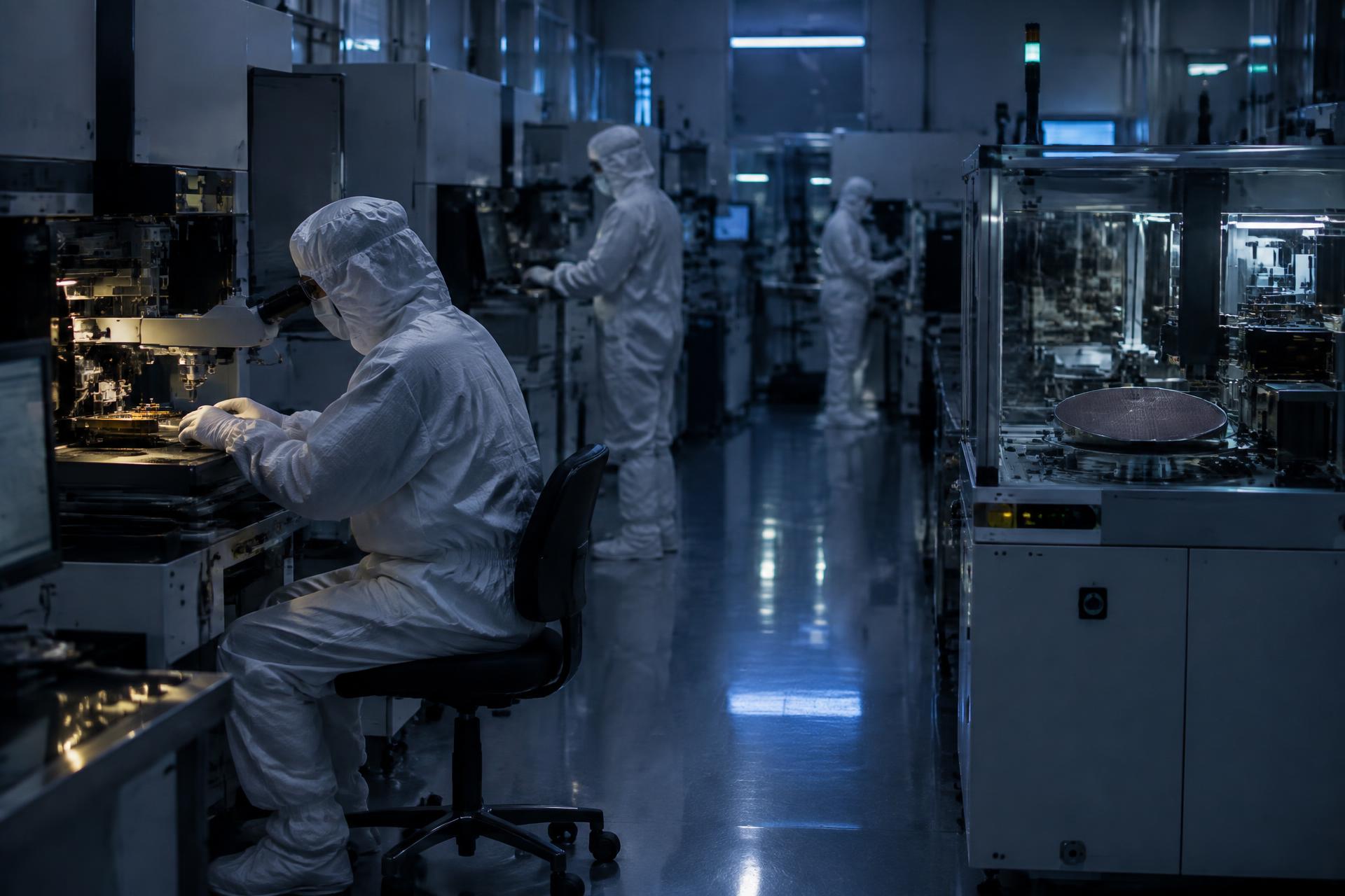 Technicians in cleanroom bunny suits operating semiconductor assembly equipment