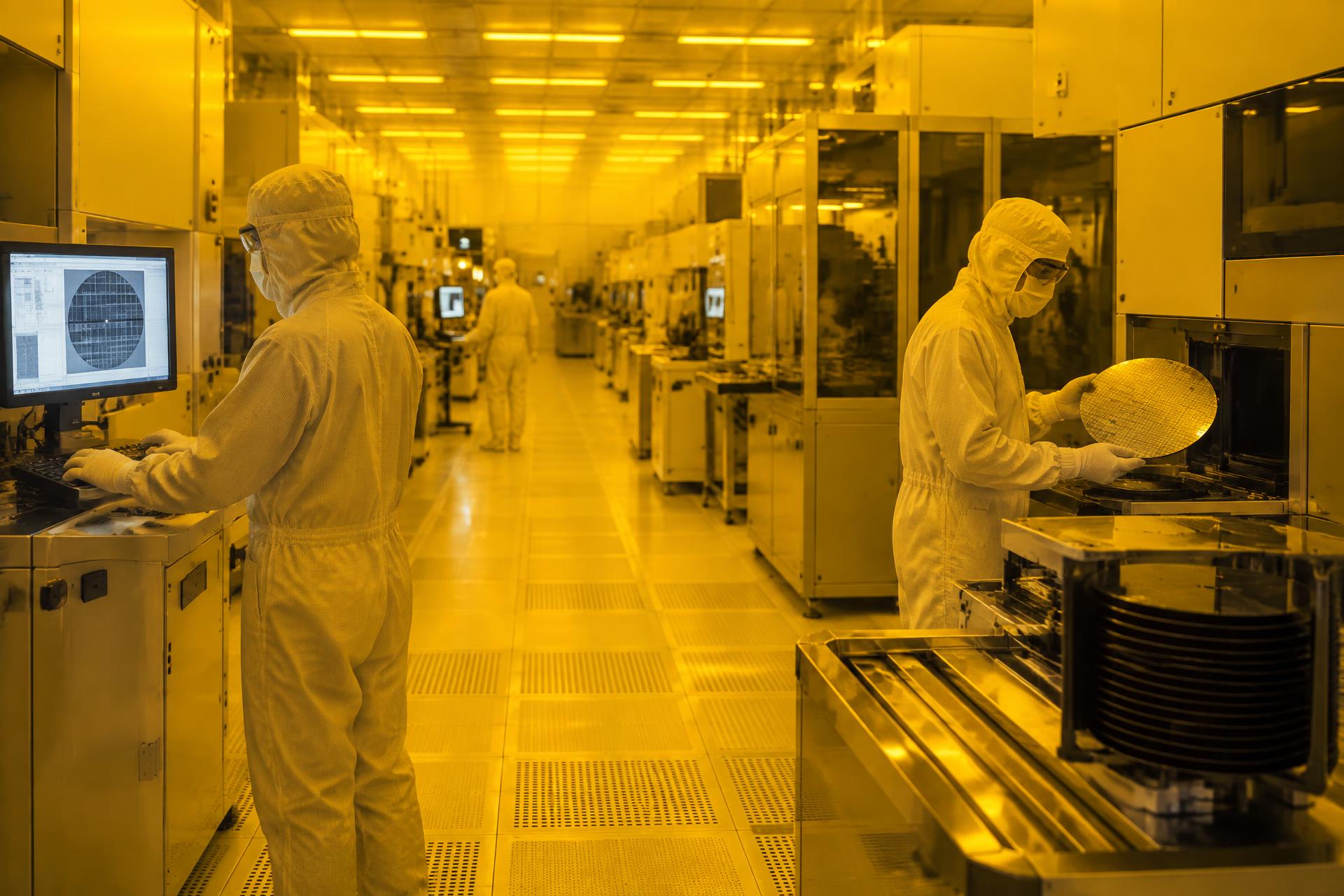 Amber-lit photolithography bay inside a semiconductor fab