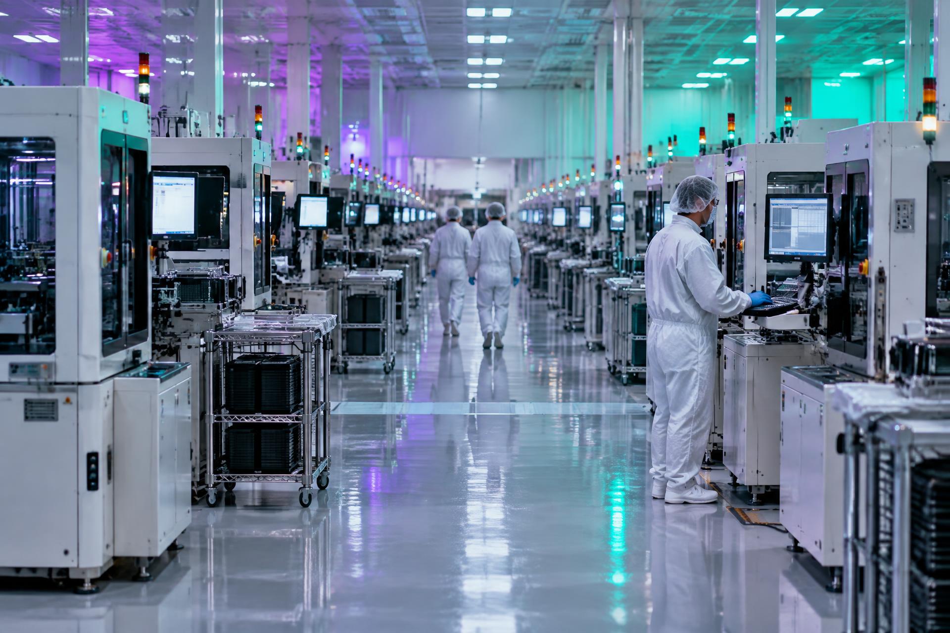 Semiconductor test floor with rows of automated test handlers and engineers
